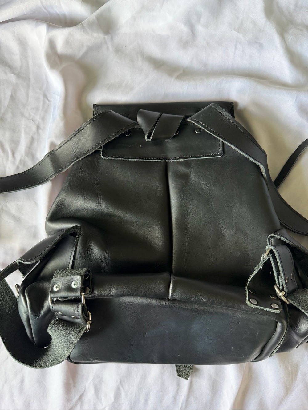 Black Leather Drawstring Backpack - Classic Utility Rucksack - Picture 2 of 9